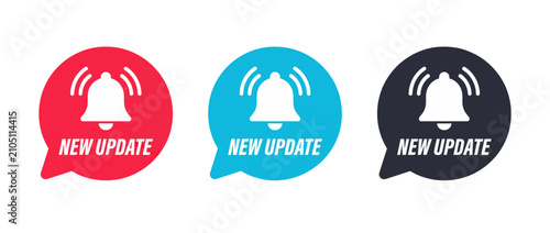 New update notification badges, ringing bell alert icons, flat vector speech bubble set