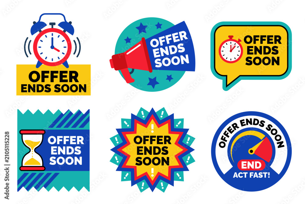 Obraz premium Offer ends soon promotional badges, 6 marketing stickers, limited time sale countdown vector set