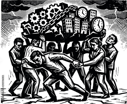 Group of workers lifting heavy gears and city buildings together as a team