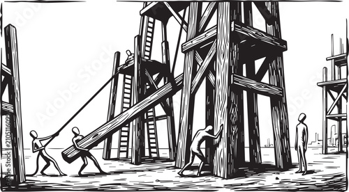 Group of workers building a wooden tower structure in an old construction site