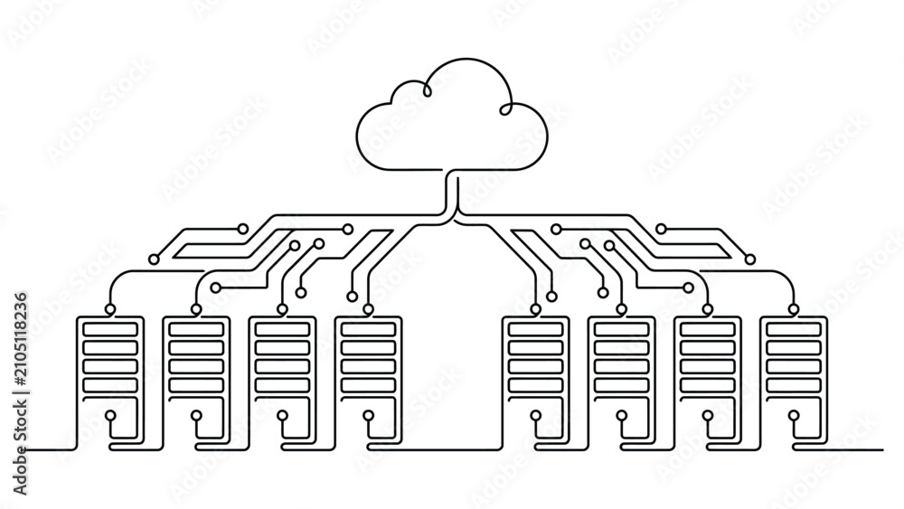 Obraz premium Continuous line art of a cloud computing network infrastructure with servers