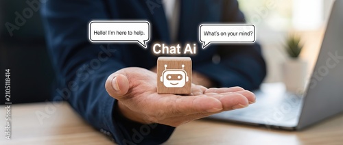 Chatbot ai interaction a business professional engaging with artificial intelligence technology in a modern office environment holding a wooden block with a chatbot icon