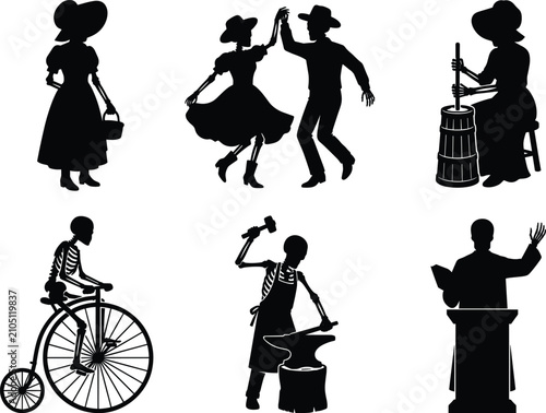 Obraz na płótnie Set of black skeleton silhouettes featuring vintage pioneer activities wild west
