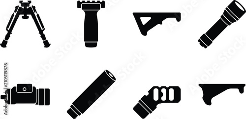 Obraz na płótnie Set of black tactical weapon accessory silhouettes featuring bipod grips flashli