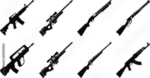 Fotografie Set of black weapon silhouettes featuring assault rifles sniper guns shotguns an