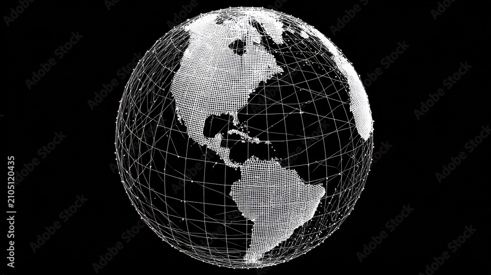 Naklejka premium Globe rendered as a digital wireframe structure orbits against a stark black background to represent global connectivity and international data networks in modern technological communication systems.