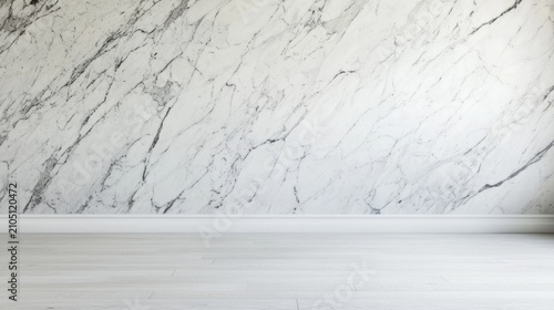 Clean and minimal interior featuring a white marble wall with gray veining and a light wood floor with a matching baseboard.