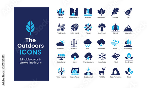 Photography Comprehensive collection of the outdoors icons, featuring editable nature, weather, landscape, and renewable energy vector symbols, for graphic design projects