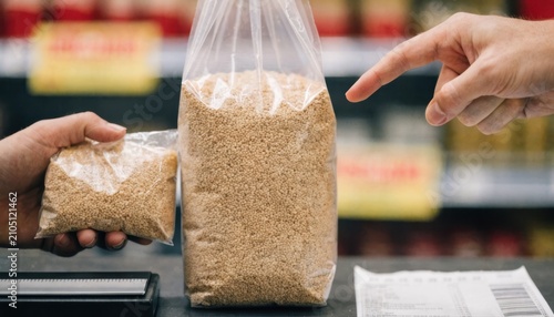Fotografie A person is weighing a large transparent bag of grains while another hand holds a smaller bag of grains at a market or store checkout counter