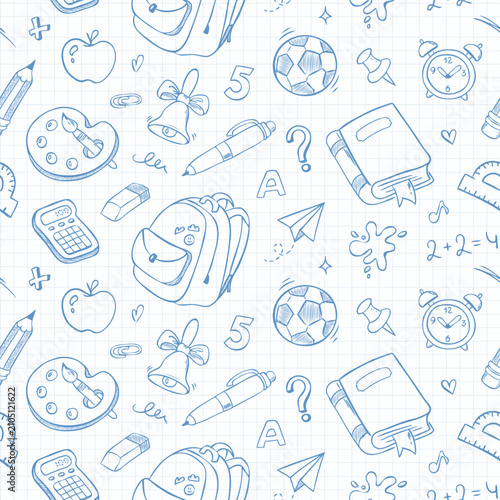 School seamless pattern with hand drawn doodle illustrations. Vector background on grid notebook paper. Blue ink sketch style.