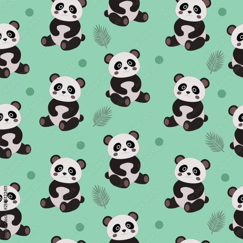 Fototapeta premium Cute panda seamless pattern, baby background with cartoon panda bear and tropical leaves on mint green