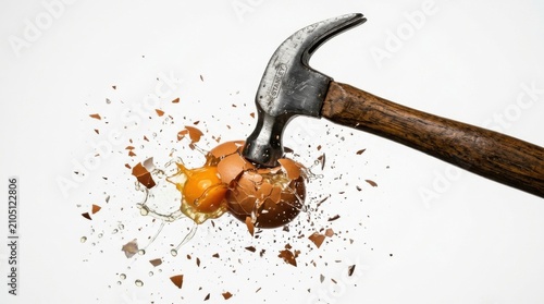 Action shot of a hammer striking and smashing a brown egg into pieces with yellow yolk splashing isolated on a white background