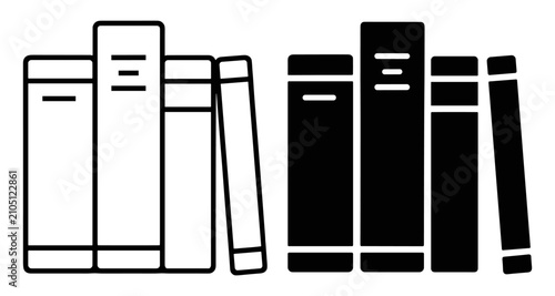 Foto Black and white icons of books standing upright in a row with one book leaning o
