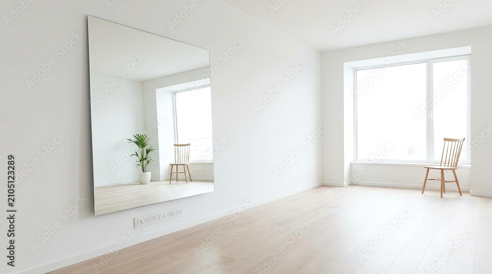 Fototapeta premium A large, rectangular mirror hangs on a white wall in a bright, minimalist room. The mirror reflects a window with a view of a serene outdoor scene, including a wooden chair and a potted plant.