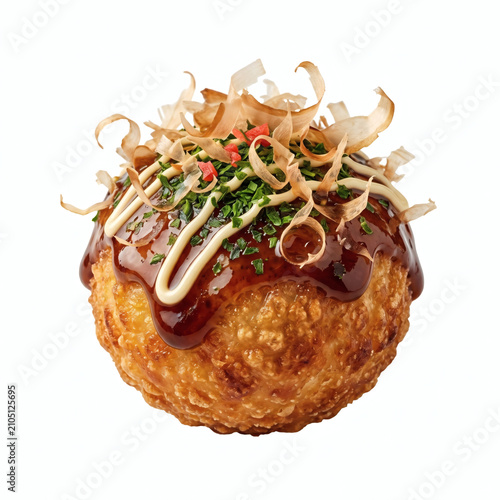 Japanese Takoyaki Octopus Ball with Brown Sauce, Mayonnaise, and Bonito Flakes, Isolated on White