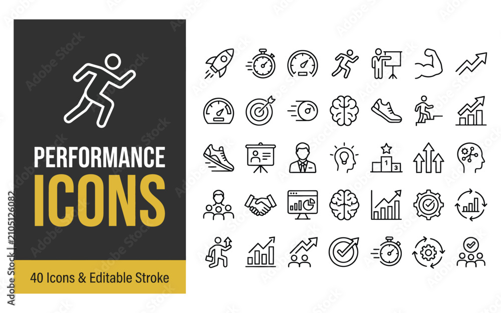 Fototapeta premium Comprehensive Collection of Linear Performance Icons Representing Success Growth Strategy Efficiency Achievement and Business Progress Vector Graphics Set