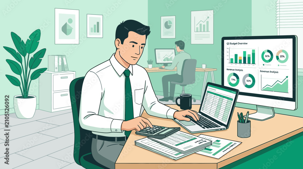 Fototapeta premium Professional Accountant Analyzing Quarterly Budget Reports in Office