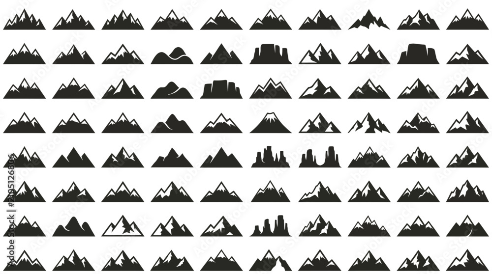 Fototapeta premium Set of black mountain icons and silhouettes on white background, perfect for logo design, outdoor branding and web graphics