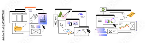 Abstract UI interfaces set. Website windows, browser tabs, design tools, soft...