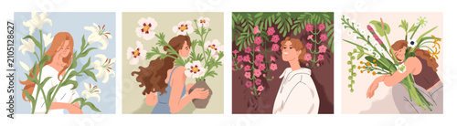 Young women portraits with flowers, cards set. Beautiful girls hold floral bo...