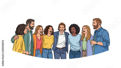 Diverse Group of Happy Friends Laughing Together Illustration. Multicultural Team Success and Community Concept. Flat Design Character Art on White Background.