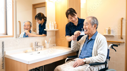 洗面介助を受ける男性利用者
