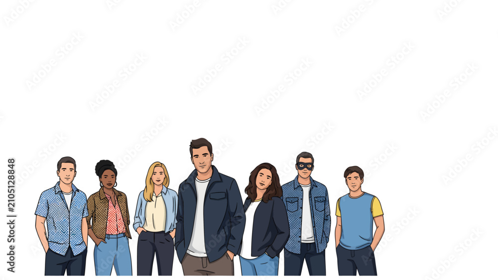 Obraz premium Diverse group of young people in comic book style illustration isolated on white background