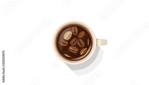 Foto Top view of a ceramic cup filled with dark coffee and roasted coffee beans