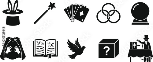 Cuadro en lienzo Black silhouette magic icons set mystical and illusionary elements