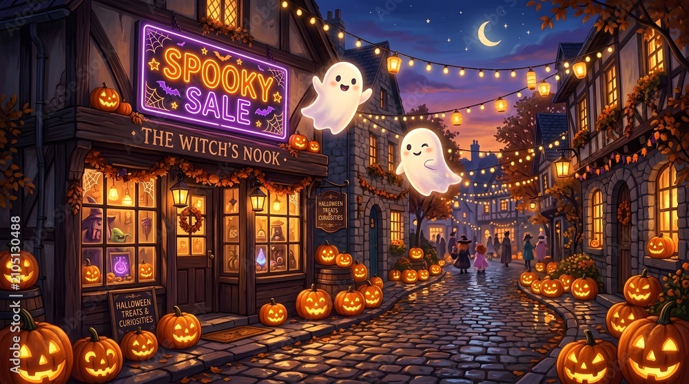 Fototapeta premium Spooky halloween sale at the witchs nook shop in a magical village