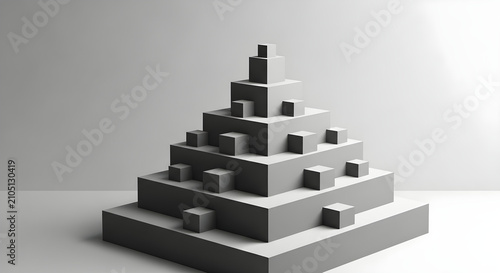 Minimalist 3D Abstract Pyramid Structure Built from Stacked Grey Geometric Cubes Representing Growth and Hierarchy