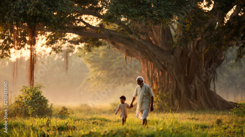 An elderly Indian grandfather in his late 70s loving