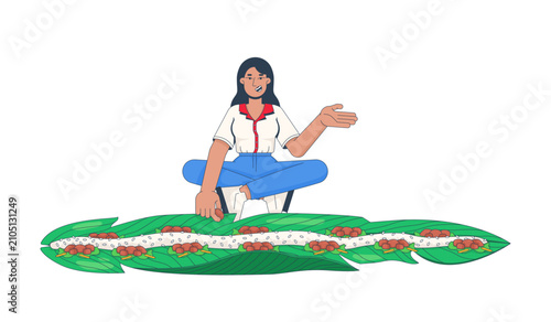 Woman eating traditional kembulan leaf-wrapped rice meal 2D cartoon character. Communal Indonesian dining experience. Javanese female flat vector person isolated on white. Colorful spot illustration