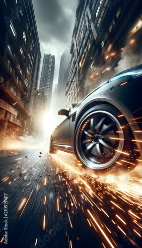Silver car speeds down a wet city street at night kicking up sparks.