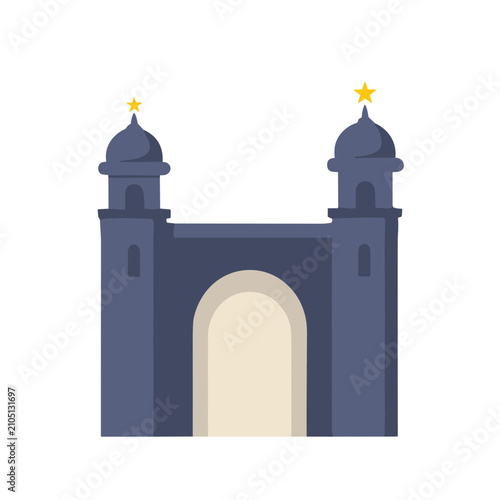 Blue building with two towers and archway