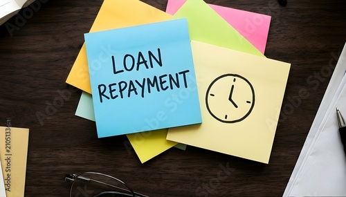 Loan repayment text written on colorful sticky notes on a dark office desk