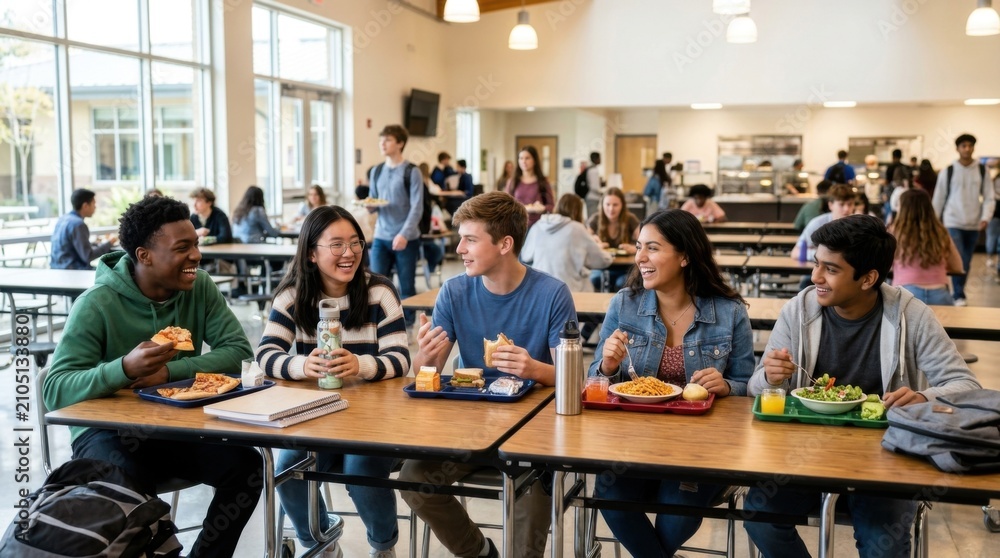Obraz premium Group of Happy University Students Having Lunch Together in Spacious Campus Cafeteria