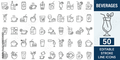 Beverages Line Icon Set. 50 Editable Stroke Icons of Drinks, Cafe Coffee, Bar Cocktail, Wine Bottle, Soda Can, Juice Box, Tea Mug, Milkshake, Beer, and Liquid Refreshments, Vector Symbols.