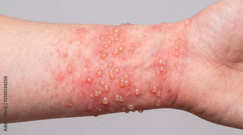 Fototapeta premium Skin rash blister eczema dermatitis inflammation allergy Closeup forearm rash with fluid blister and red irritated skin