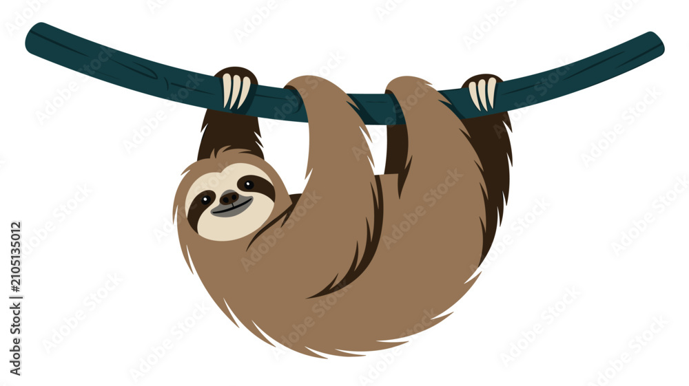 Obraz premium Cute cartoon sloth hanging lazily from a tree branch with a friendly facial expression isolated on a clean white background.