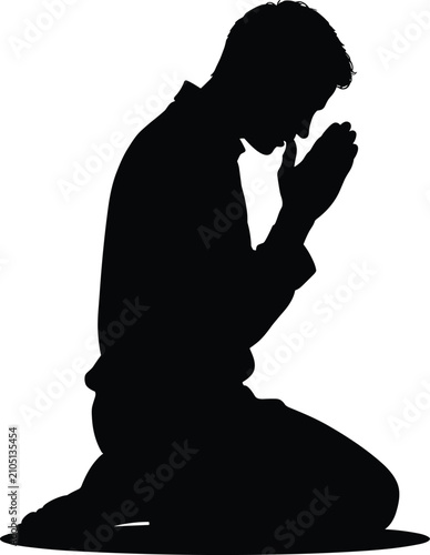 Fotografie Kneeling man profile silhouette in prayer position for religious devotion and humble faith