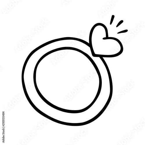 Engagement ring with heart shaped diamond doodle Hand drawn line art, cute wedding jewelry sketch icon, funny valentines day proposal and marriage concept. Isolated vector illustration.
