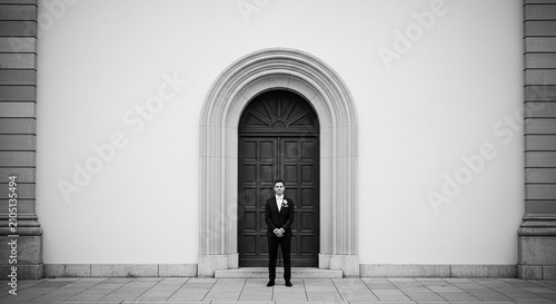 Elegant Groom Standing Alone in Classic Doorway Entrance on Wedding Day