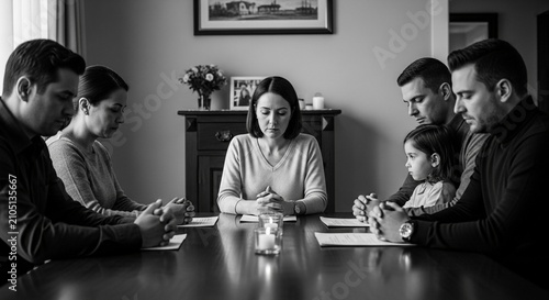 Family gathered around a table in silent reflection and prayer at home with a single candle lit, representing faith and unity