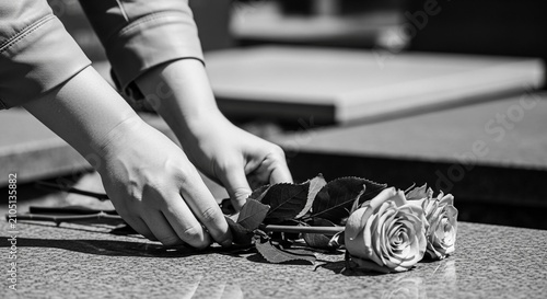 Hands gently placing a rose on a gravestone, symbolizing grief and remembrance