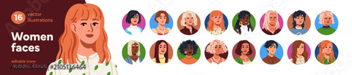 Diverse women avatars, round icons set. Girl faces, heads with modern hairsty...