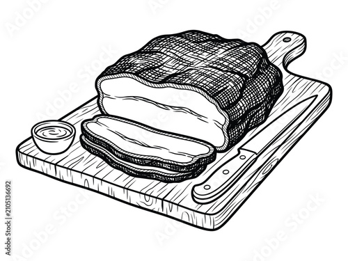 Smoked Brisket Sliced on Cutting Board Vector Illustration, BBQ Meat Line Art for Restaurant Menu