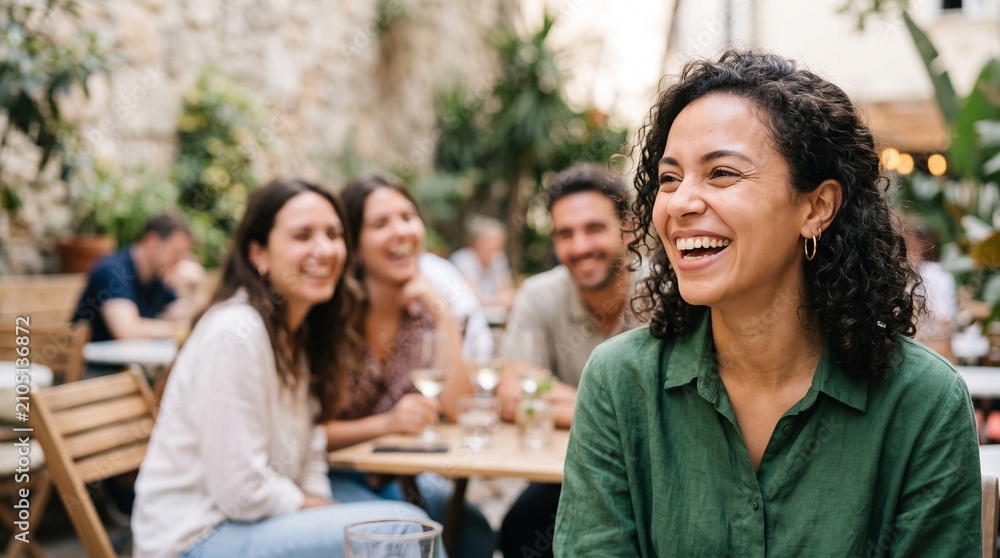 Fototapeta premium Group of diverse young friends laughing together while sitting at an outdoor restaurant terrace.