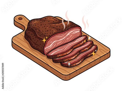 Smoked Beef Brisket Slices on Wooden Cutting Board Vector Illustration for BBQ Restaurant Menu