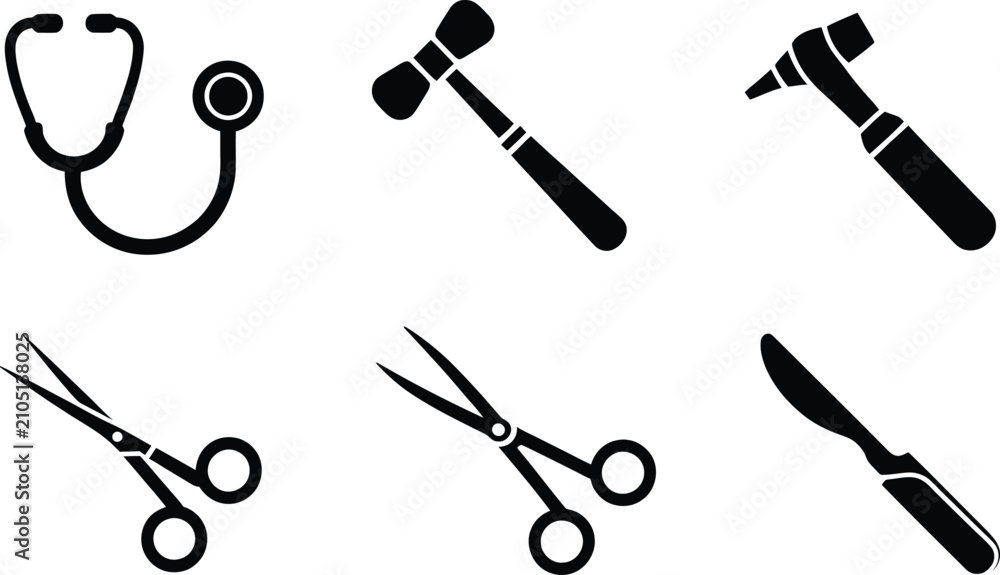 Fototapeta premium Set of six black medical instrument stethoscope, reflex hammer, otoscope, scissors, scalpel healthcare
